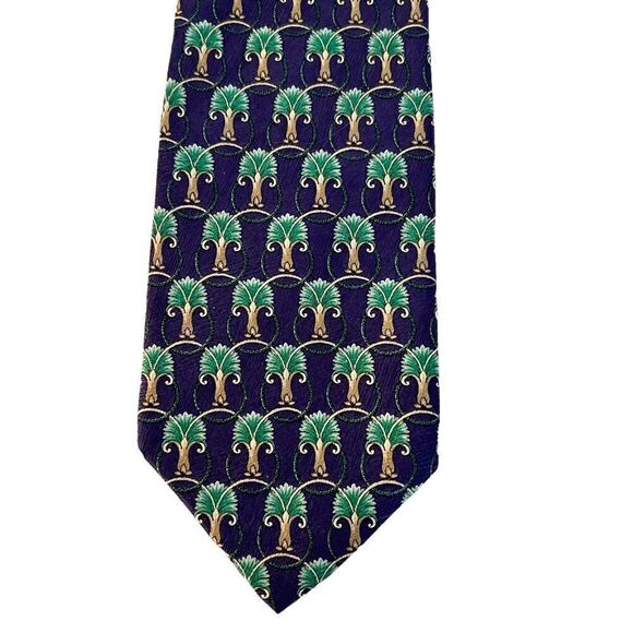 Vintage Tom James Silk Tie Art Deco Palm Tree Design w/ Circles Navy Green Gold - Picture 1 of 2
